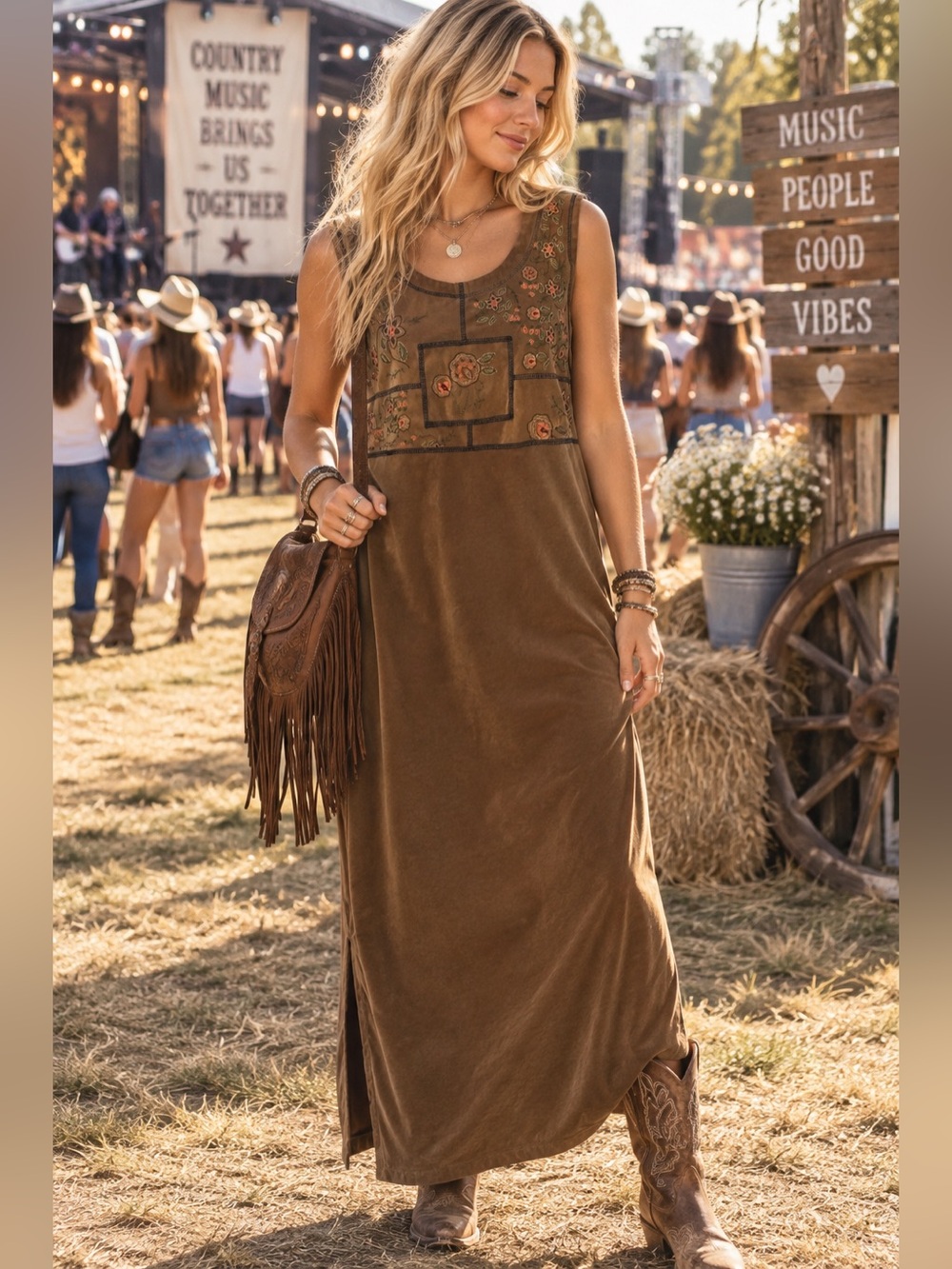 Vintage 90s White Stag Maxi Dress M L Brown Faux Suede Embroidered Boho Grunge